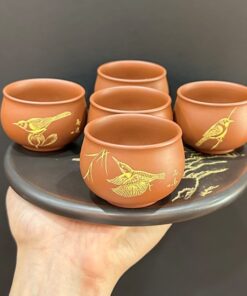 Chén trà tử sa nê hưng cao cấp họa chim thủ công đỏ 50ml đẹp hỏa biến đỏ.