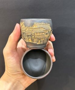 Ly trà tử sa nê hưng làm chén chủ khắc phố cổ hỏa biến đẹp 100ml dáng miệng khum.