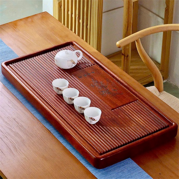 Khay trà gỗ nguyên khối để ấm chén họa chim bền đẹp 70x35cm KTG33