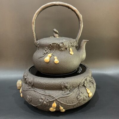 Bộ ấm tetsubin gang xịn kèm bếp đun nước pha trà hồng ngoại đắp nổi hồ lô đẹp BD29