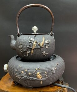 Bộ ấm tetsubin gang xịn kèm bếp đun nước pha trà hồng ngoại họa tiết báo xuân chim thủ công