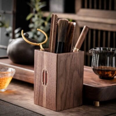 Bộ dụng cụ pha trà gỗ óc chó dáng vuông đẹp công năng tốt KH12.