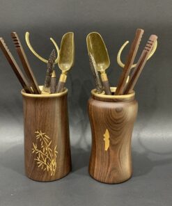 Bộ dụng cụ pha trà gỗ gụ 2 dáng nhiều món trà cụ đẹp kèm thêm cả dao tách trà