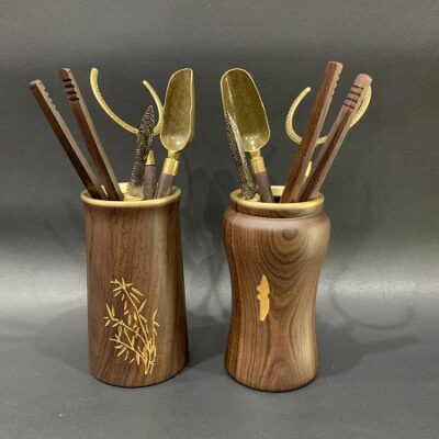 Bộ dụng cụ pha trà gỗ gụ 2 dáng nhiều món trà cụ đẹp kèm thêm cả dao tách trà