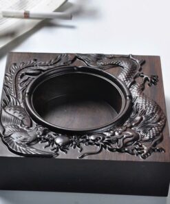 Gạt tàn gỗ gụ nguyên khối hình long phụng dáng vuông 16x4.5cm GTG06.