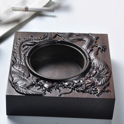 Gạt tàn gỗ gụ nguyên khối hình long phụng dáng vuông 16x4.5cm GTG06.