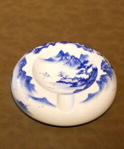 Gạt Tàn Xì Gà Sứ Cảnh Đức Vẽ Tay Men Thanh Lam Sơn Thủy 15cm GTS01