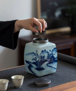 Hộp đựng trà sứ cảnh đức vẽ tay sơn thủy dáng vuông to 2000ml HT37