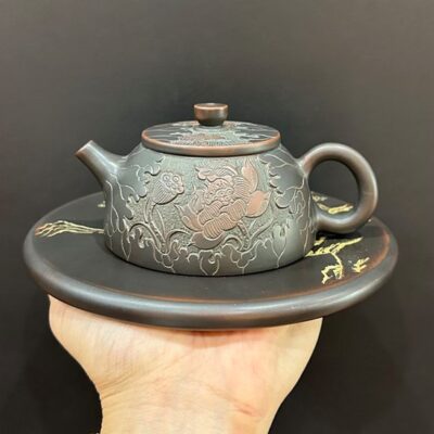 Ấm trà tử sa cao cấp hỏa biến dáng biển phúc khắc sen thủ công đẹp pha trà ngon.