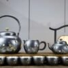 Bộ ấm chén bạc pha trà cao cấp nguyên chất 999 hoa đào thủ công có ấm đun nước.