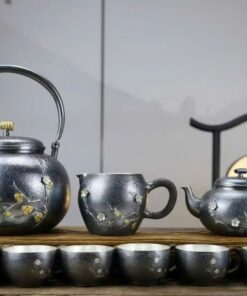 Bộ ấm chén bạc pha trà cao cấp nguyên chất 999 hoa đào thủ công có ấm đun nước.