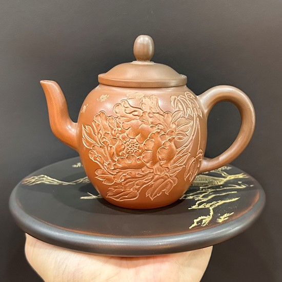 Ấm pha trà đạo cao cấp tử sa nê hưng khắc mẫu đơn 280ml đẹp pha trà đạo ngon.