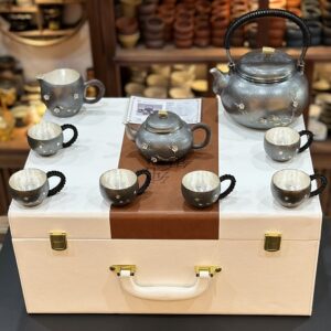 Bộ ấm chén bạc pha trà cao cấp nguyên chất 999 thủ công hoa đào pha trà cực ngon
