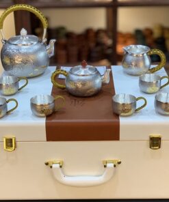 Bộ ấm pha trà bạc nguyên chất 999 cao cấp gò tay thủ công hoa sen pha trà đạo