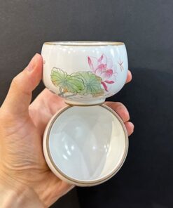 Chén sứ cảnh đức cao cấp vẽ tay hoa sen thủ công đẹp thái hội nung củi 100ml cỡ to.