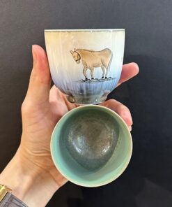 Ly trà sứ cảnh đức men thái hội nung củi họa ngựa thủ công 100ml làm chén chủ uống trà.