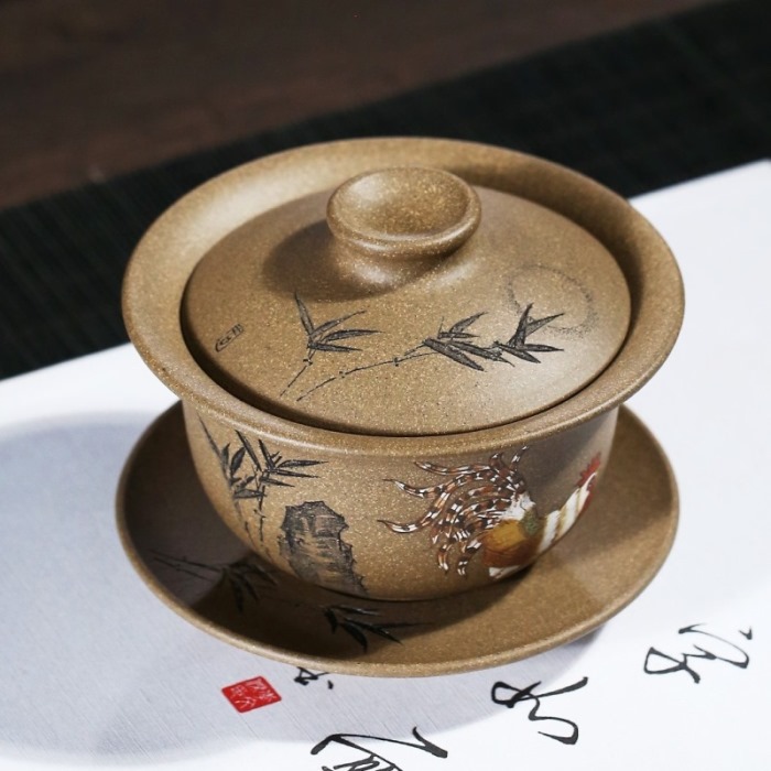 Tiềm trà tử sa cao cấp đất cũ đắp nổi gà thủ công chén khải 180ml AS32 - Ảnh 4