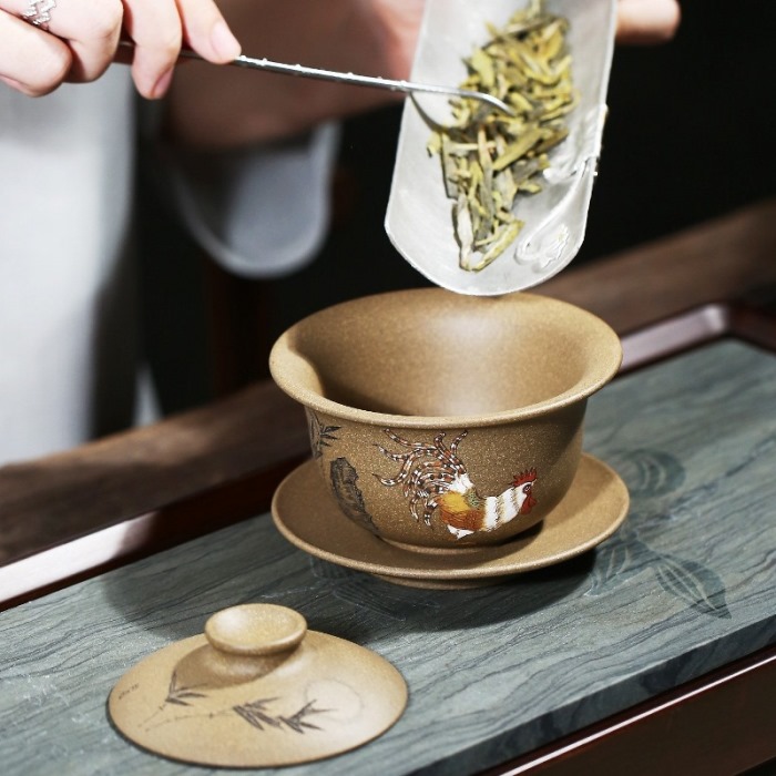 Tiềm trà tử sa cao cấp đất cũ đắp nổi gà thủ công chén khải 180ml AS32 - Ảnh 5
