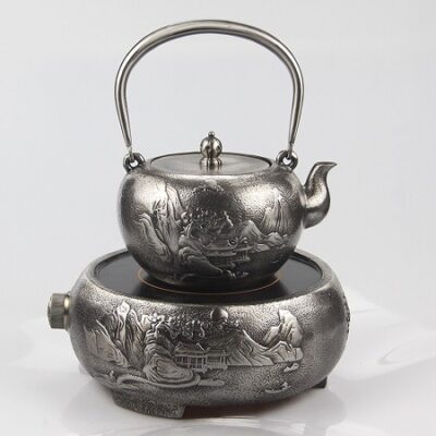 Bộ bếp đun nước pha trà tetsubin gang trắng hồng ngoại bền đẹp ấm 1,4L