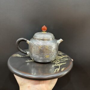 Ấm pha trà bạc nguyên chất ag 999 gò thủ công sơn thủy 172g 240ml pha trà ngon