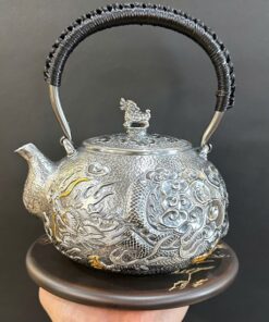 Ấm bạc 999 đun nước pha trà Tetsubin gò tay thủ công rồng đẹp AN83