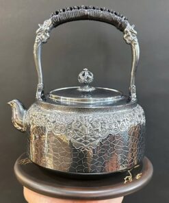 Ấm tetsubin bạc đun nước pha trà nguyên chất 999 gò tay thủ công họa tiết băng tan 1,4L.
