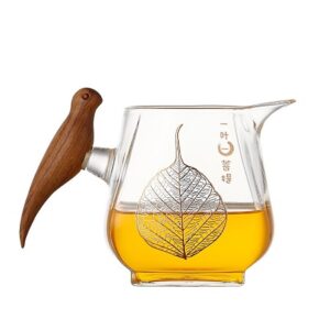 Chuyên trà thủy tinh quai gỗ cao cấp làm chén tống rót trà cỡ to hình lá đề và hoa
