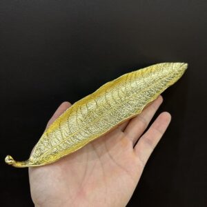 Lư đốt nhang trầm hương dạng hình lá hứng tàn bằng đồng vàng đẹp 25cm