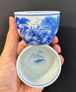 Chén sứ cảnh đức cao cấp men thanh hoa vẽ tay sơn thủy đẹp cỡ vừa 70ml CS63