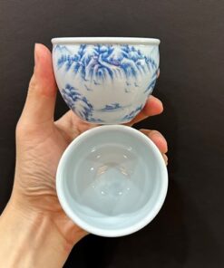 Chén sứ cảnh đức vẽ tay sơn thủy thủ công đẹp men lam cao cấp 110ml CS64.