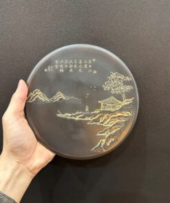 Đế ấm trà tử sa hỏa biến cao cấp khắc sơn thủy thủ công 17.5cm làm thuyền dưỡng ấm đẹp.