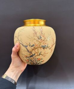Lọ đựng trà tử sa nắp xoáy 2 lớp khít đựng trà lưu hương họa chim hoa HT42