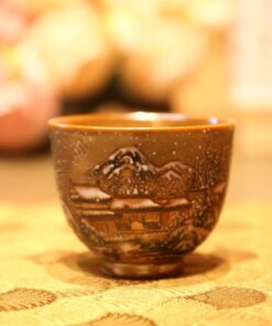 Ly trà chủ sứ cảnh đức men nâu vẽ tay cảnh núi tuyết đẹp 90ml CS79