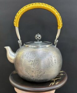 Ấm bạc đun nước pha trà nguyên chất 999 dạng tetsubin khắc trúc đẹp 630g 1,1L AN89