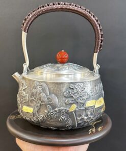 Ấm tetsubin bạc nguyên chất 999 đun nước pha trà gò tay thủ công an cư lạc nghiệp 1L.