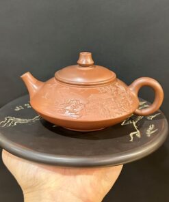 Ấm trà tử sa hỏa biến nê hưng dáng hư biến thủ công 200ml khắc sơn thủy.