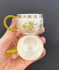 Chén bạc nguyên chất 999 dùng làm ly uống trà có quai cao cấp 50-55g 45ml CB90