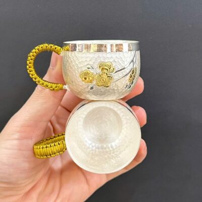 Chén bạc nguyên chất 999 dùng làm ly uống trà có quai cao cấp 50-55g 45ml CB90