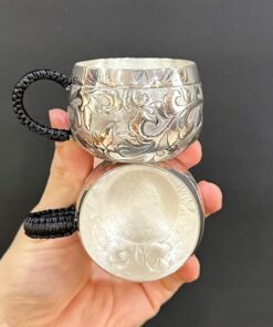Chén bạc nguyên chất 999 làm ly uống trà đẹp hoa mẫu đơn có quai CB86