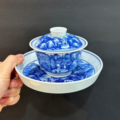 Chén khải sứ cảnh đức cao cấp làm tiềm pha trà có nắp vẽ tay sơn thủy đào nguyên