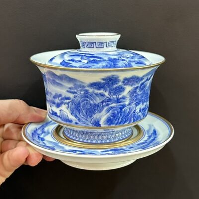 Chén khải sứ cảnh đức cao cấp vẽ tay sơn thủy viền tinh xảo vàng 280ml làm tiềm pha trà.