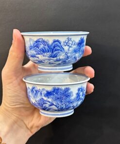 Chén trà chủ cao cấp sứ cảnh đức men lam vẽ tay sơn thủy đẹp 130ml miệng hơi loe