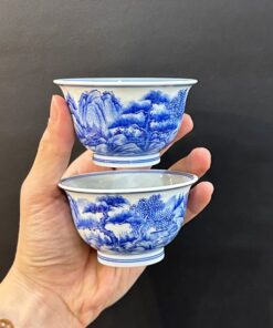 Chén trà sứ cảnh đức men lam cao cấp vẽ thiên lý giang sơn đồ 100ml dáng miệng loe đẹp