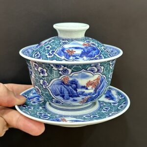 Tiềm trà sứ cảnh đức cao cấp vẽ tay sơn thủy pháp lam đẹp 200ml làm chén khải pha trà