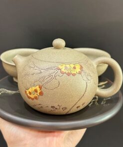 Ấm trà tử sa tây thi nguyên khoáng họa sen thủ công kèm 2 chén đẹp 270ml pha trà ngon.