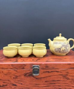 Bộ ấm trà tử sa nê hưng cao cấp thủ công màu vàng hộp gỗ đẹp pha trà ngon.