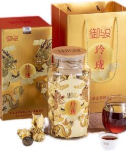 Trà phổ nhĩ quýt cao cấp Ngự Tuấn chính hãng Rồng Vàng 400g hộp thủy tinh đẹp sang trọng.