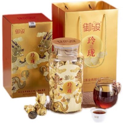 Trà phổ nhĩ quýt cao cấp Ngự Tuấn chính hãng Rồng Vàng 400g hộp thủy tinh đẹp sang trọng.