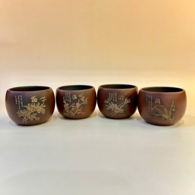 Bộ ly uống trà cao cấp tử sa nê hưng khắc mai lan cúc trúc 65ml CNH32