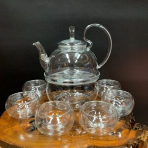 Bộ ấm pha trà bằng thủy tinh cao cấp pha trà hoa có đến nến kèm 6 chén